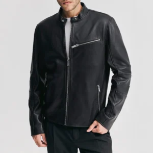 Mens chest zip pocket black leather jacket