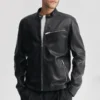 Mens chest zip pocket black leather moto jacket