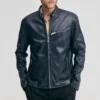 Mens chest zip pocket navy leather jacket