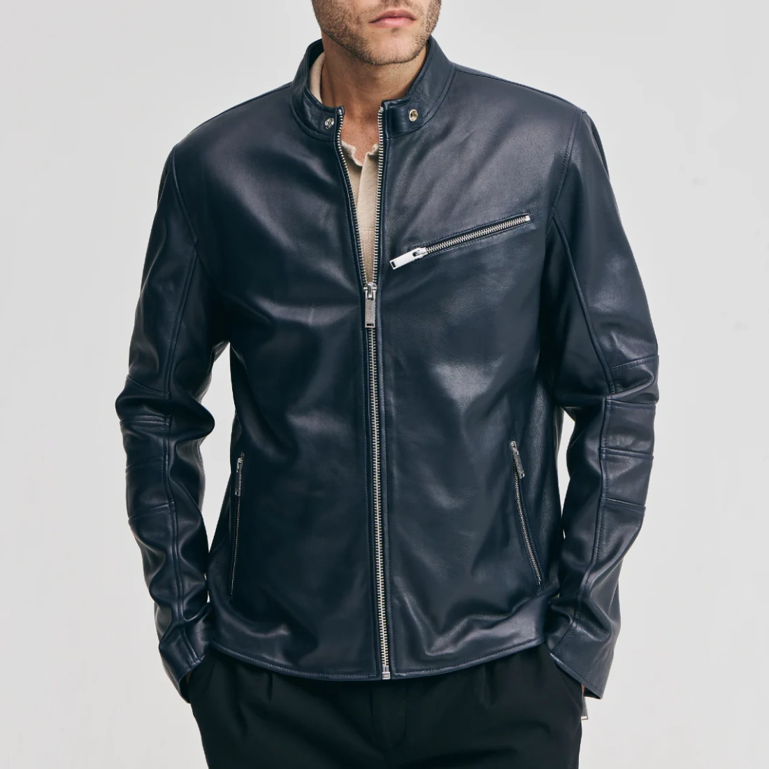 Mens chest zip pocket navy leather jacket