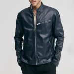 Men's Chest Zip Pocket Navy Leather Moto Jacket