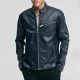 Mens chest zip pocket navy leather moto jacket