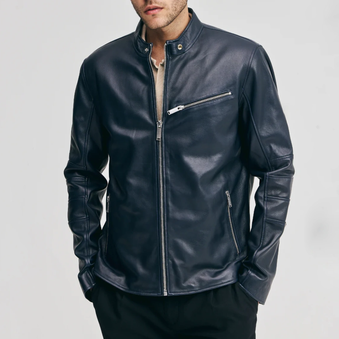 Mens chest zip pocket navy leather moto jacket