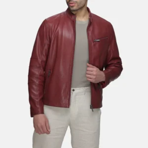 Mens chest zip pocket red leather moto jacket