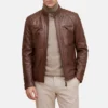 Mens cognac moto style leather jacket