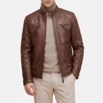 Men’s Quilted Shoulder Cognac Leather Biker Jacket