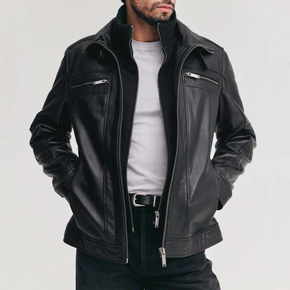 Mens detachable storm black bomber leather jacket