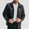 Mens detachable storm black leather jacket
