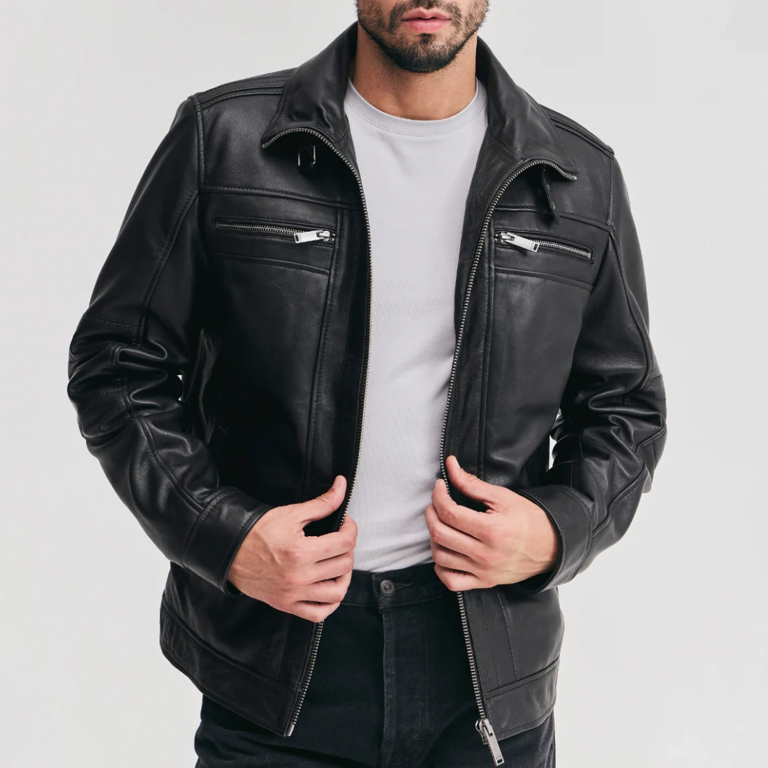 Mens detachable storm black leather jacket
