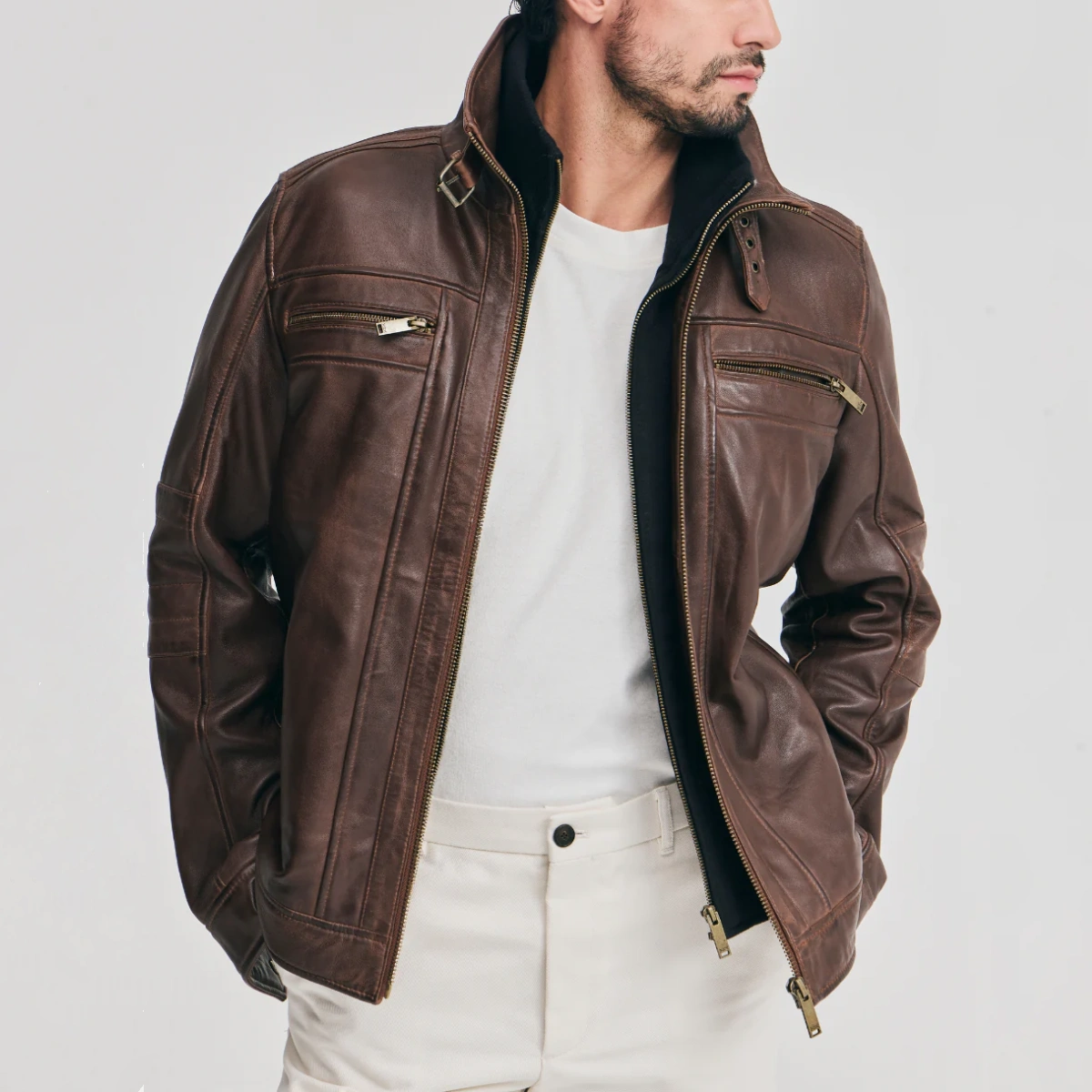 Mens detachable storm brown bomber leather jacket