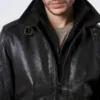 Mens double shirt collar black leather bomber jacket