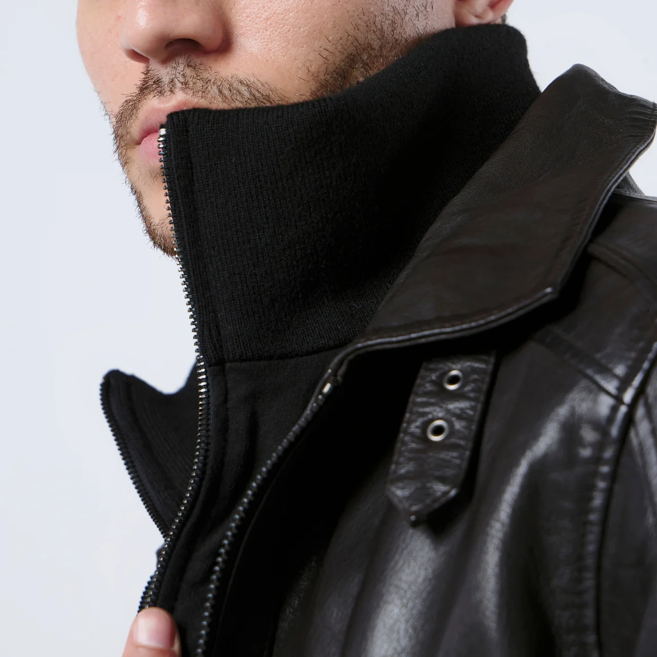 Mens double shirt collar black leather jacket