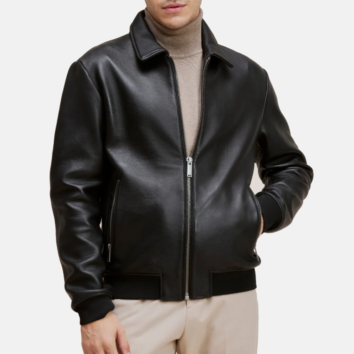 Mens harrington black bomber leather jacket