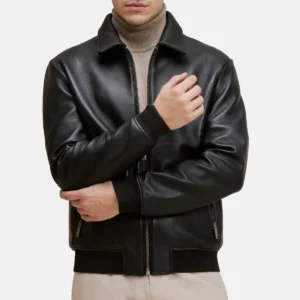 Mens harrington black full zip leather jacket