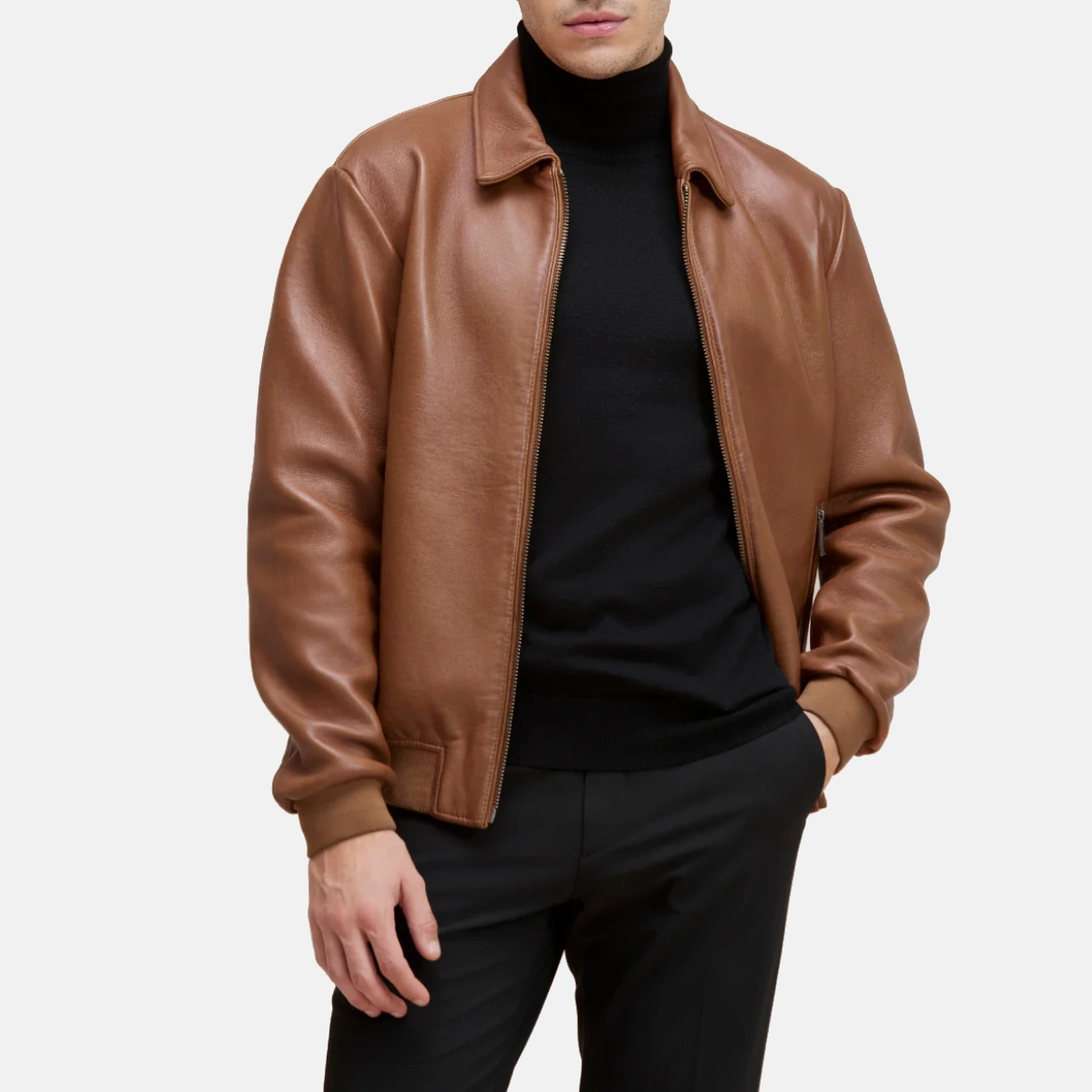 Mens harrington brown bomber leather jacket