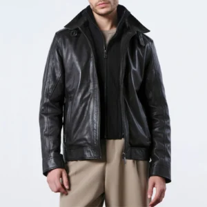 Mens hybrid black leather bomber jacket