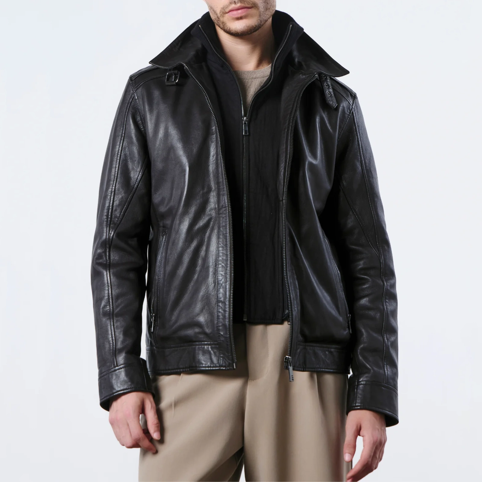 Mens hybrid black leather bomber jacket