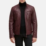 Men’s Quilted Shoulder Burgundy Leather Biker Jacket