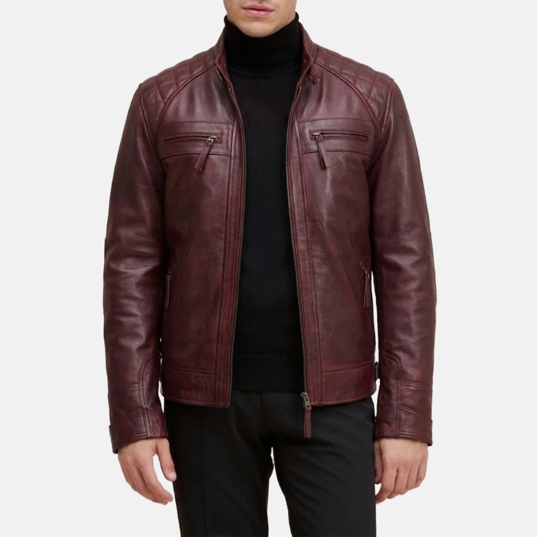 Mens leather moto style burgundy jacket