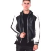 Mens moto colrblock black white bomber leather jacket 02