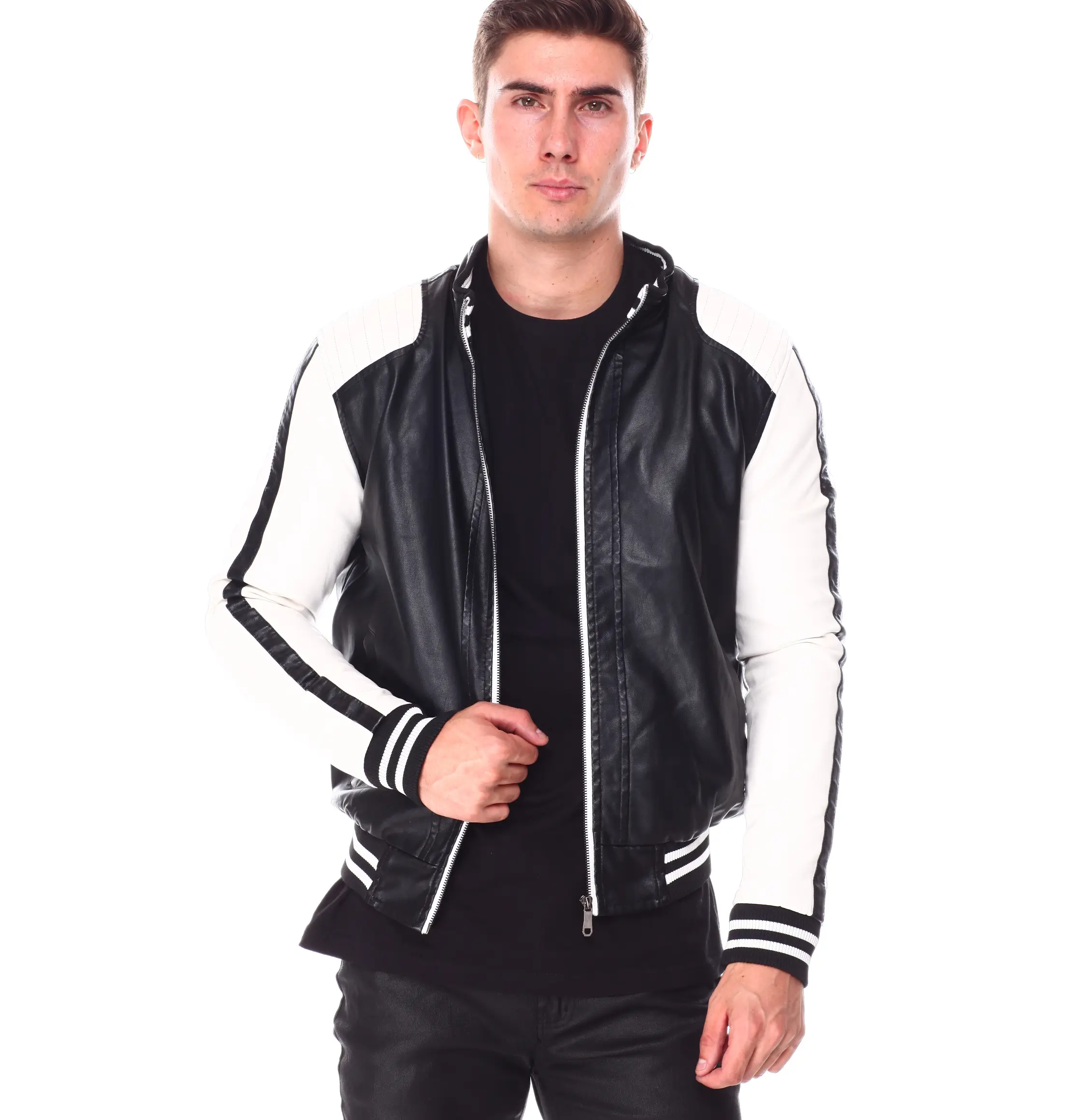 Mens moto colrblock black white bomber leather jacket 02