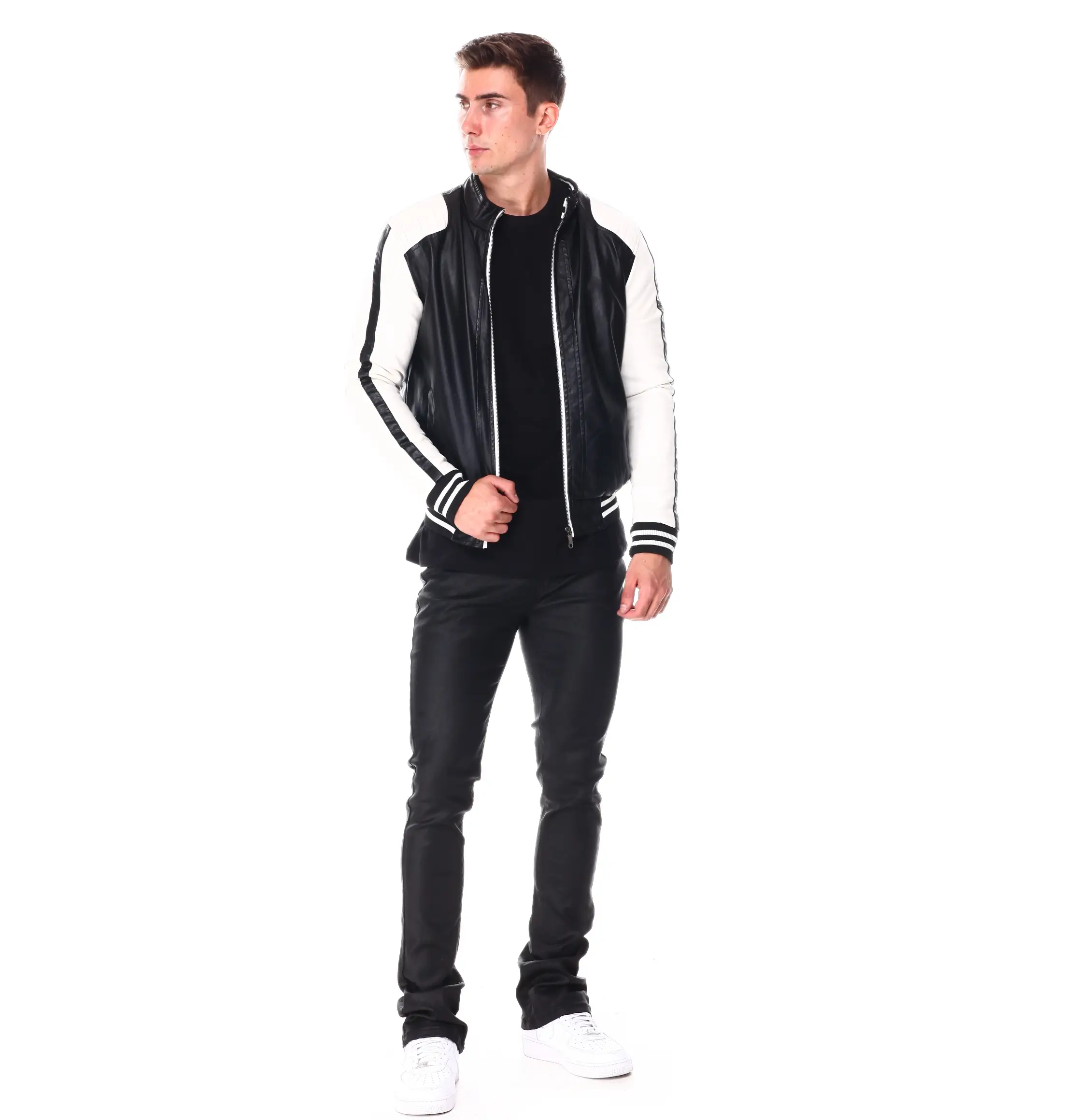 Mens moto colrblock black white bomber leather jacket 03