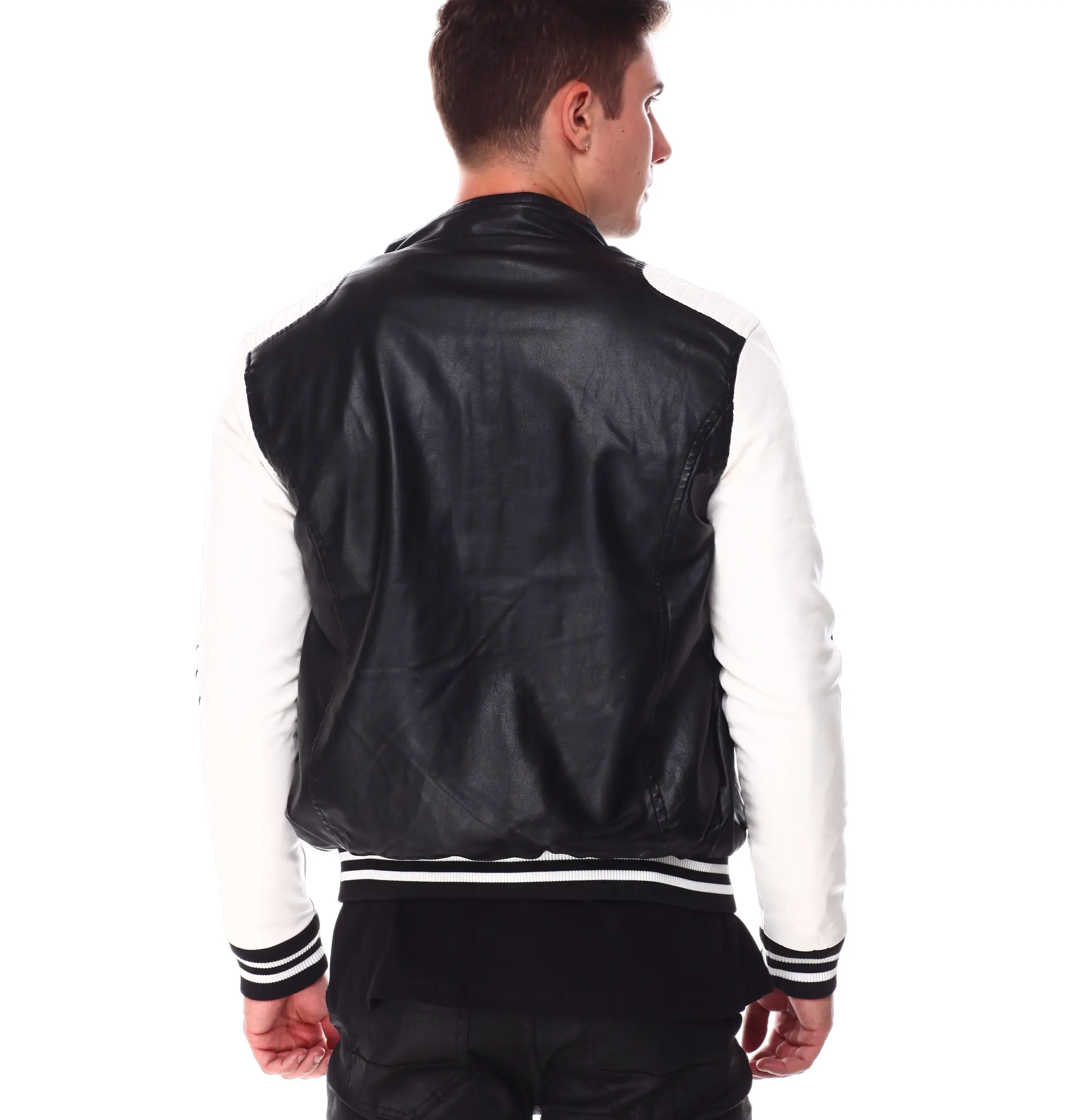 Mens moto colrblock black white bomber leather jacket 04
