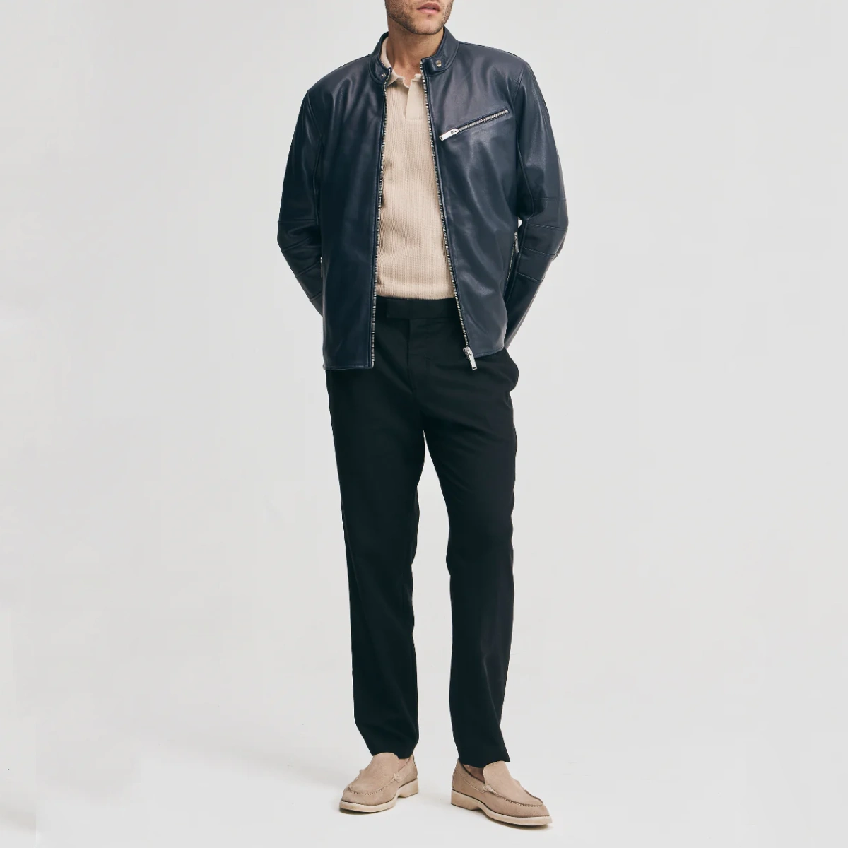 Mens navy leather moto jacket