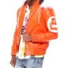 Mens orange 8 ball hooded leather jacket
