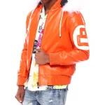 Men's 8 Ball Orange Hooded Leather Jacket