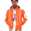 Mens orange 8 ball hooded leather jacket 2 1