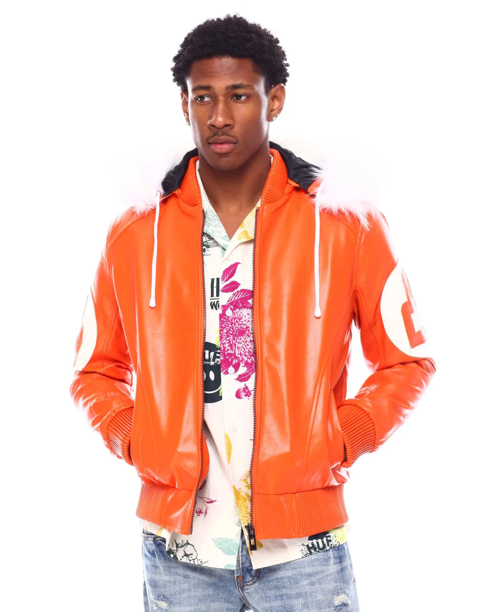 Mens orange 8 ball hooded leather jacket 2 1