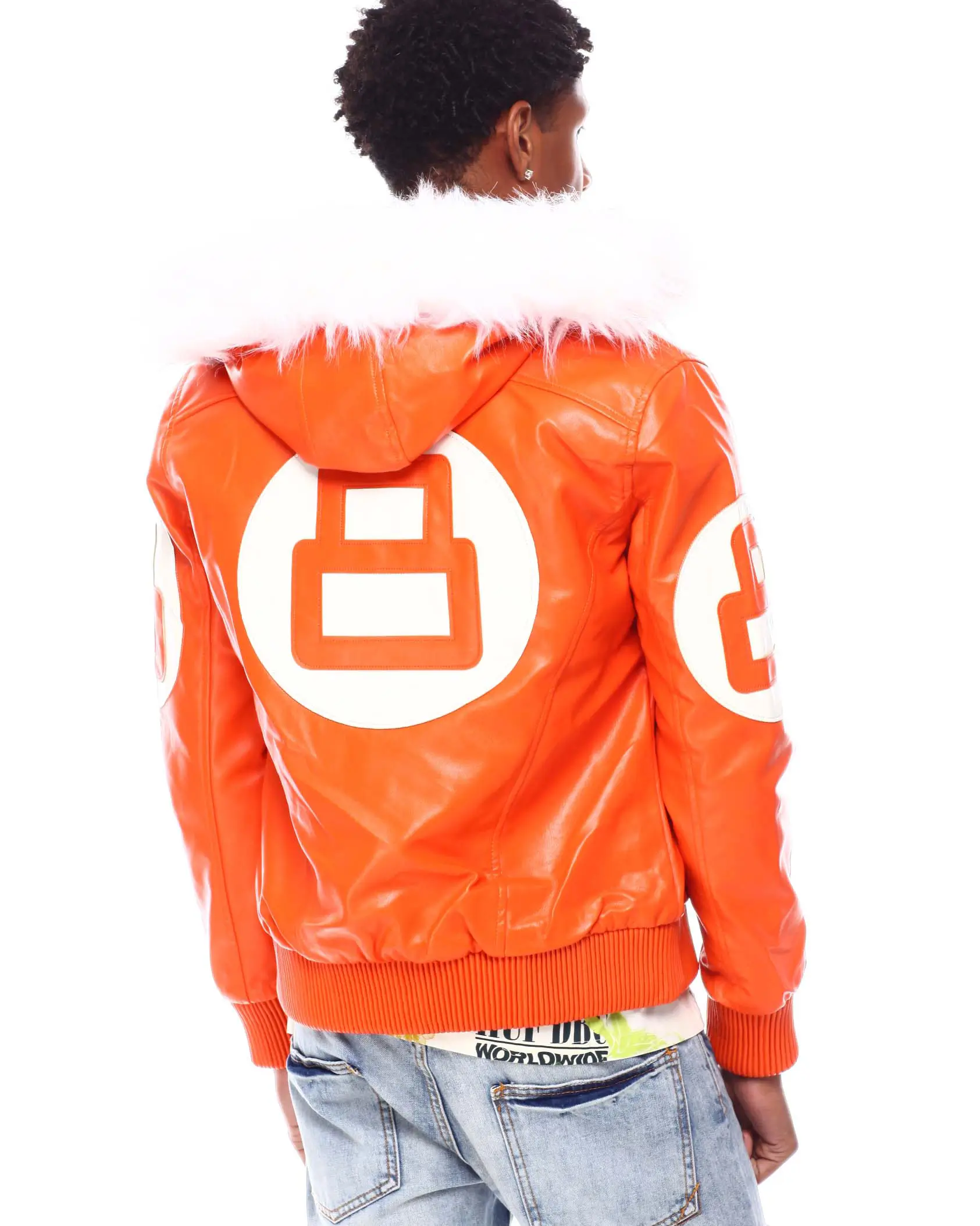 Mens orange 8 ball hooded leather jacket 3 1