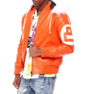 Mens orange 8 ball hooded leather jacket