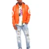 Mens orange 8 ball hooded leather jacket 4 1