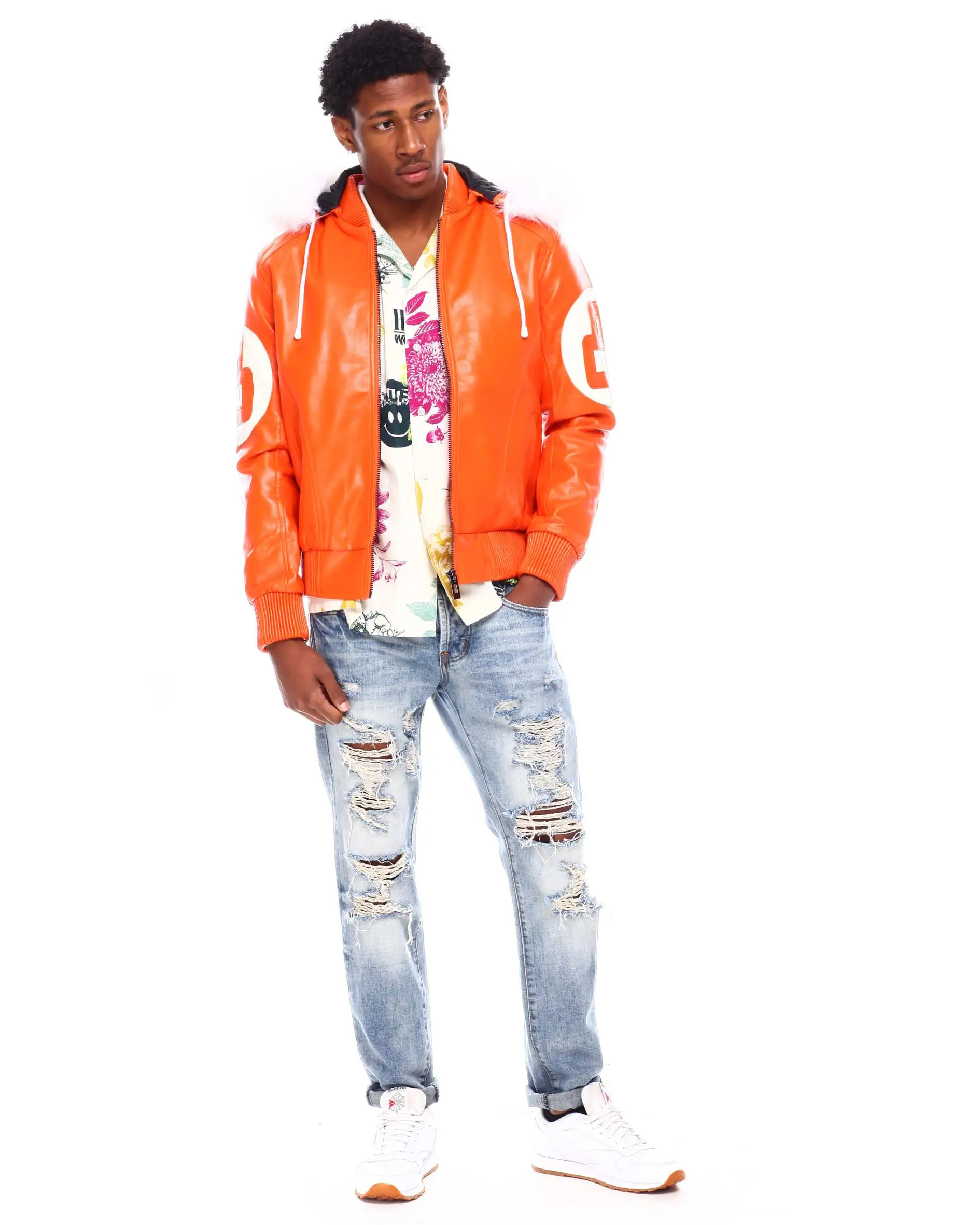 Mens orange 8 ball hooded leather jacket 4 1
