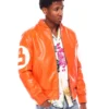 Mens orange 8 ball hooded leather jacket 5 1