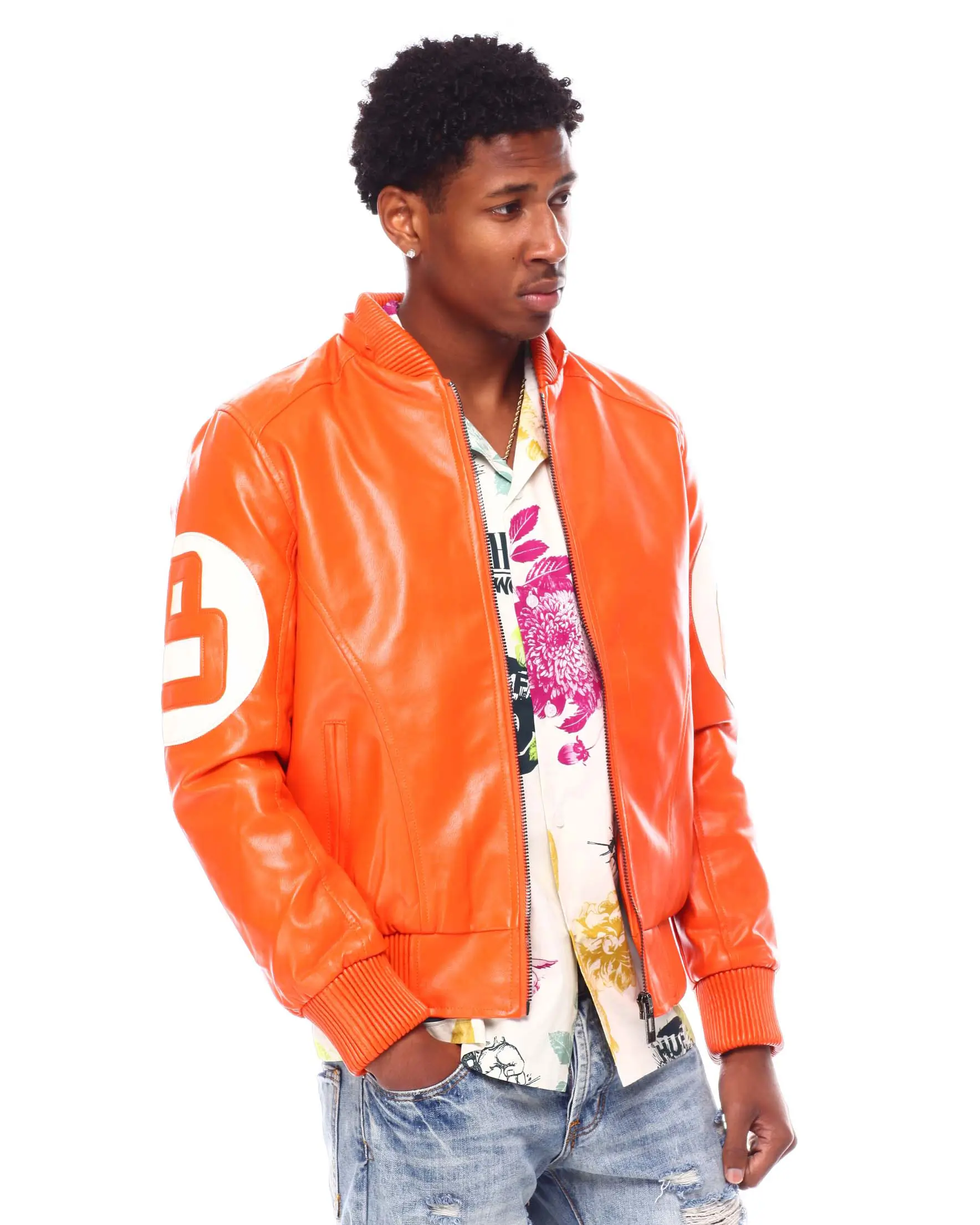 Mens orange 8 ball hooded leather jacket 5 1