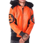 Men's 8 Ball Orange/Black Hooded Leather Jacket