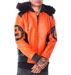 Mens orangeblack 8 ball hooded leather bomber jacket 1 2