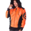 Mens orangeblack 8 ball hooded leather bomber jacket 2 1