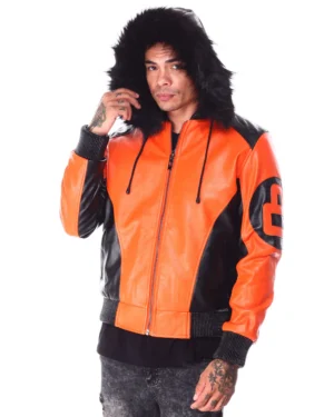 Mens orangeblack 8 ball hooded leather bomber jacket 2 1