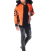 Mens orangeblack 8 ball hooded leather bomber jacket 4 1
