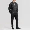 Mens pocket black leather moto jacket