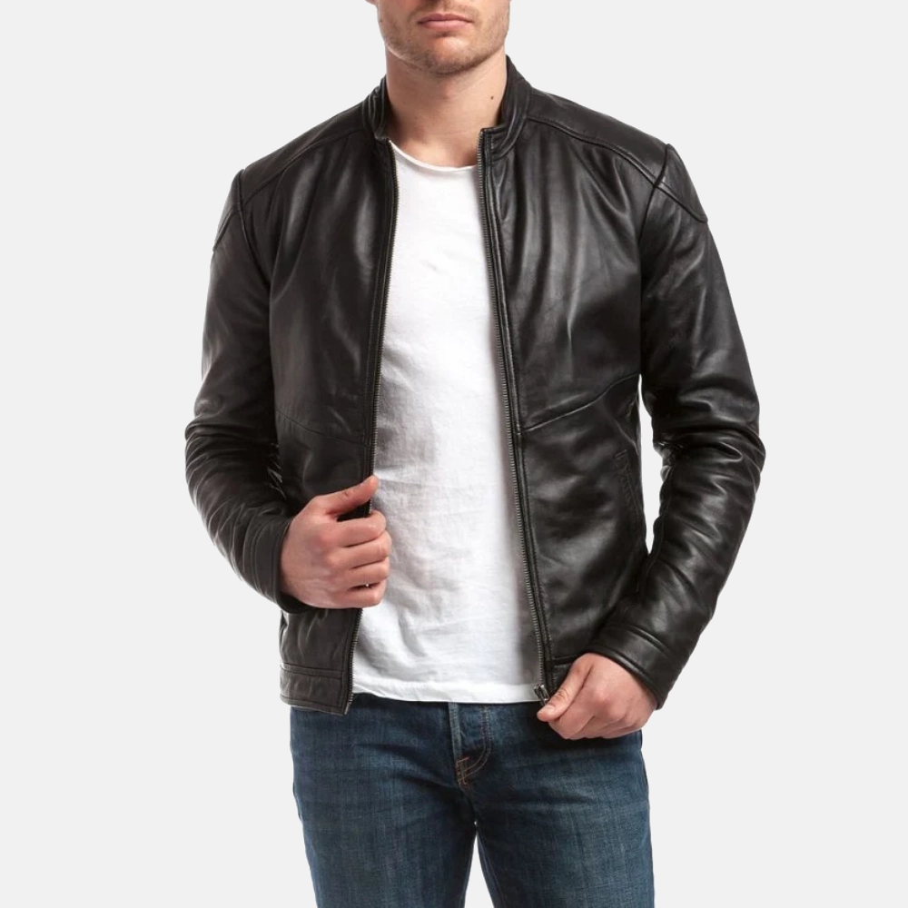 Mens premium black cafe racer leather jacket 2 1