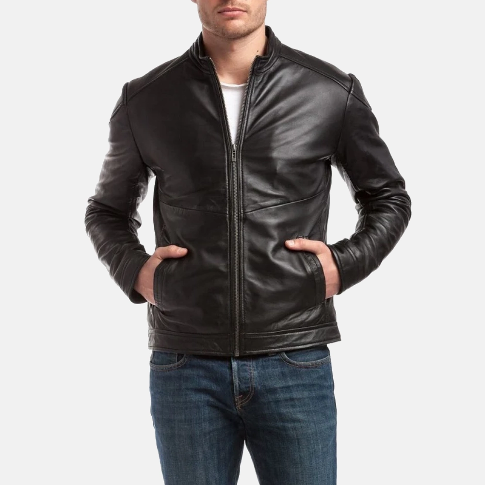 Mens premium black cafe racer leather jacket 3