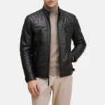 Men's Quilted Shoulder Black Leather Biker Jacket