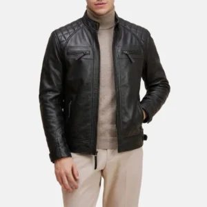 Mens real leather black moto style jacket