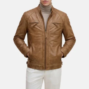 Mens real leather camel brown moto jacket