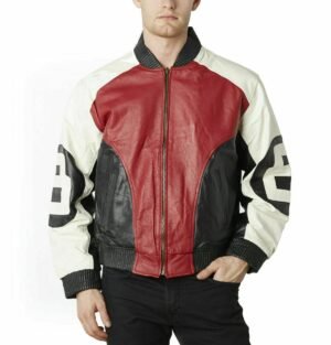 Mens red 8 ball bomber leather jacket 01
